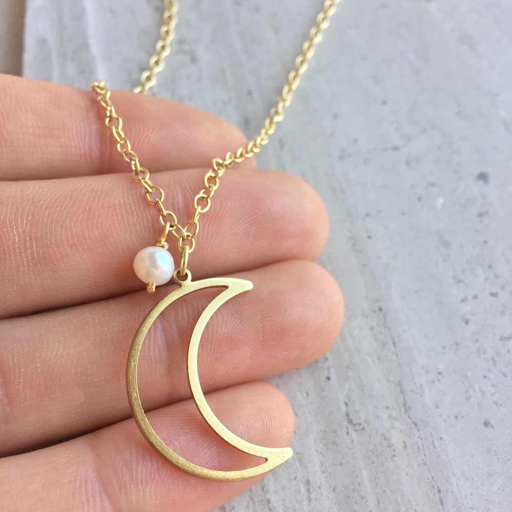 Fresh Water Pearl & Brass Moon Necklace - Picture 3 of 3